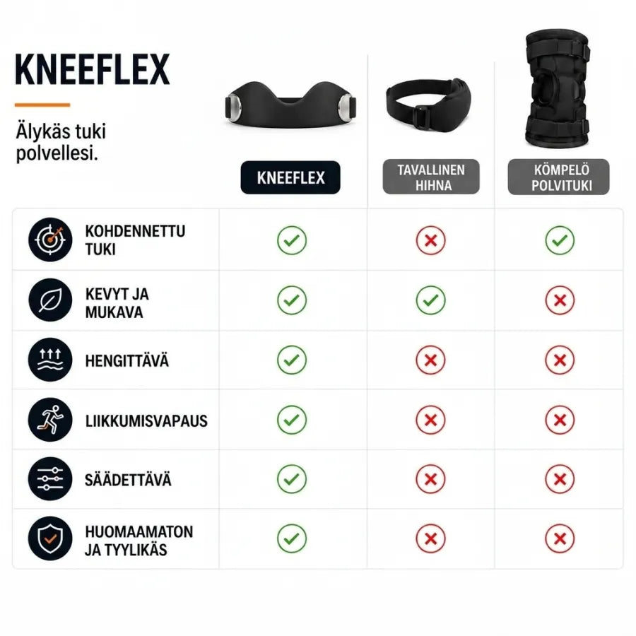 Vertailu: KneeFlex-polvihihna, tavallinen hihna ja kömpelö polvituki
