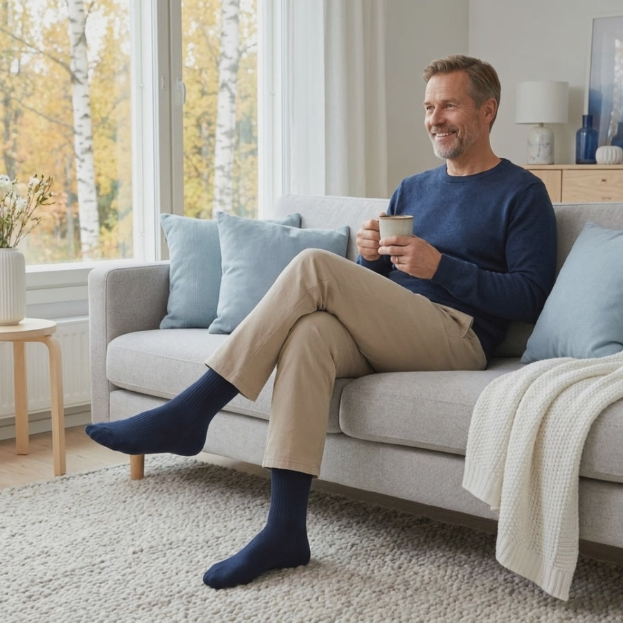 Mies rentoutuu kotona sohvalla tummansinisissä SockCalm-bambusukissa