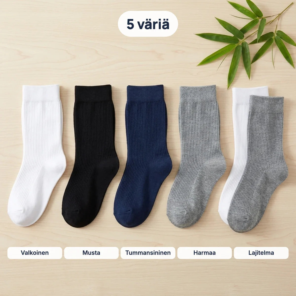 SockCalm-bambusukat viidessä värissä: valkoinen, musta, tummansininen, harmaa ja lajitelma